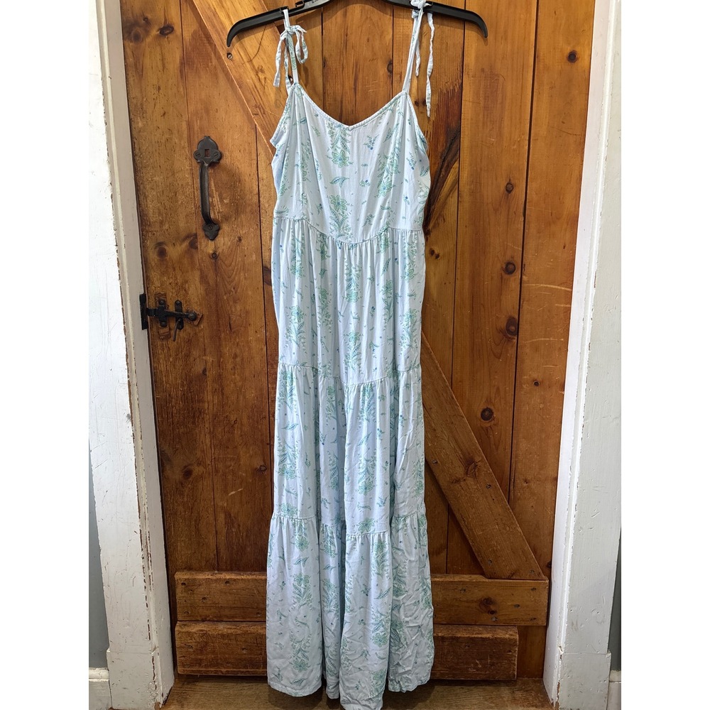 Ann Taylor Blue Floral Tiered Maxi Dress Tie Shoulder Rayon Sundress Womens Boho
